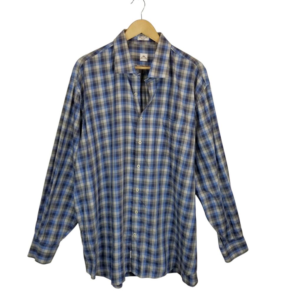 Peter Millar Men's Blue Gray Cotton Check Dress Shirts Size XXL